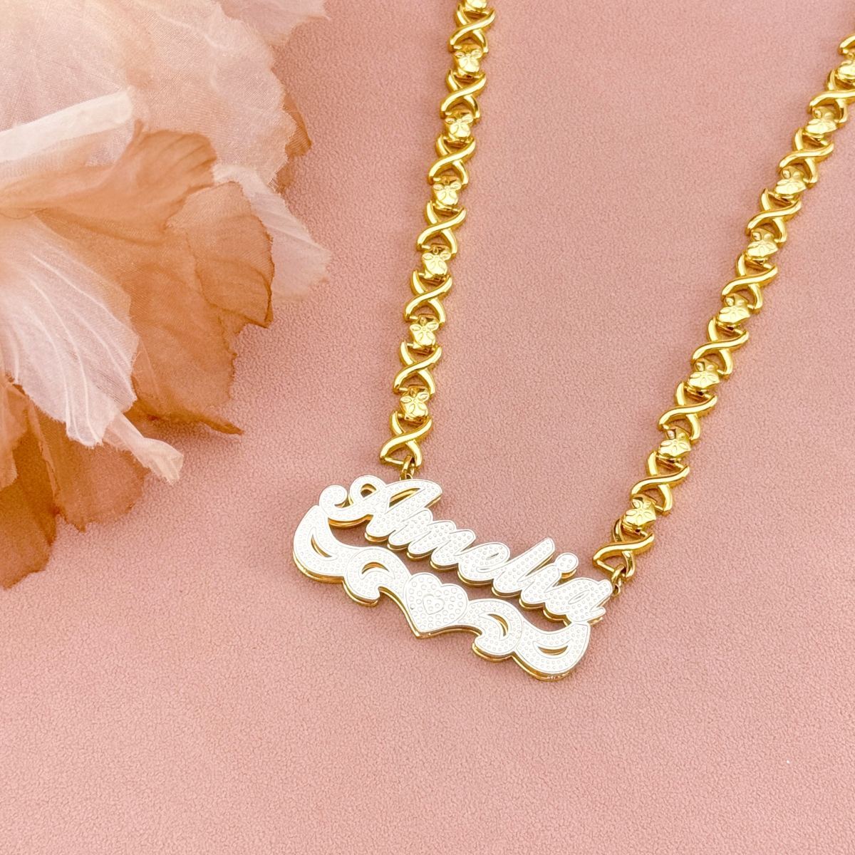Double Layer Two Tone Nameplate with XOXO Chain Personalized Name Necklace Bracelet and Ring Set