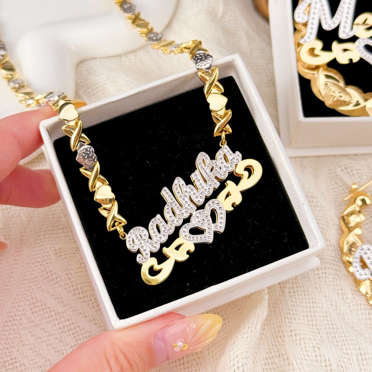 Double Layer Two Tone Personalized Two Hearts Name Necklace And Bamboo Earring Set