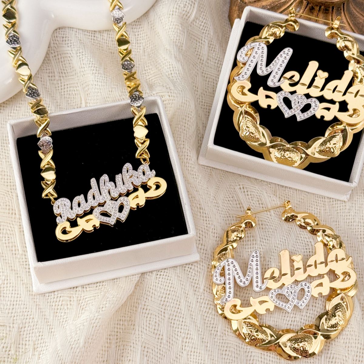 Double Layer Two Tone Personalized Two Hearts Name Necklace And Bamboo Earring Set