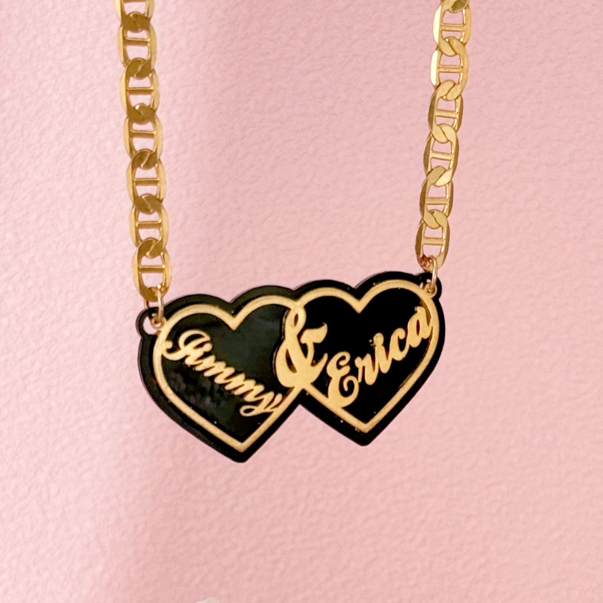 Acrylic Double Heart Pendant Personalized Custom Gold Plated Name Necklace Valentines Couple Gift