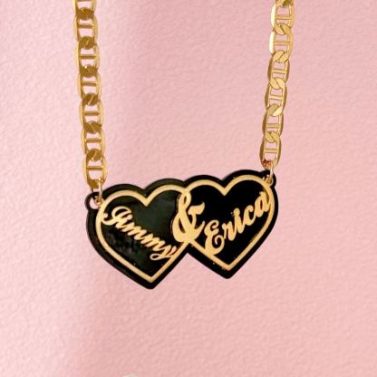 Acrylic Double Heart Pendant Personalized Custom Gold Plated Name Necklace Valentines Couple Gift
