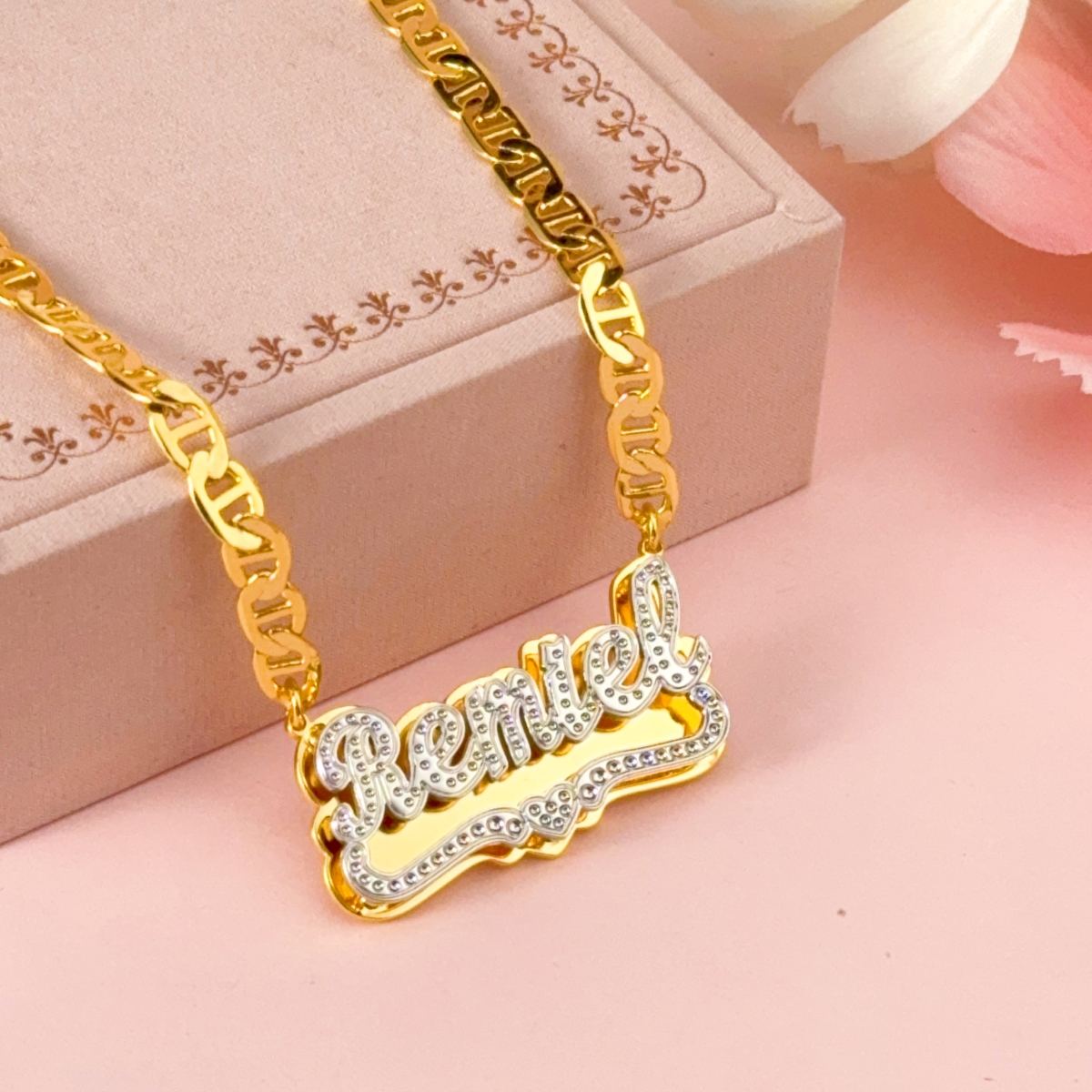 Mariner Chain Double Layer Two Tone Heart Personalized Custom Name Necklace Gold Plated