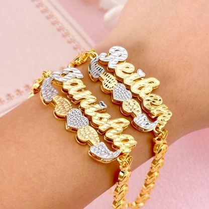 Double Layer Two Tone XOXO Chain with Heart Personalized Custom Gold Plated Name Bracelet