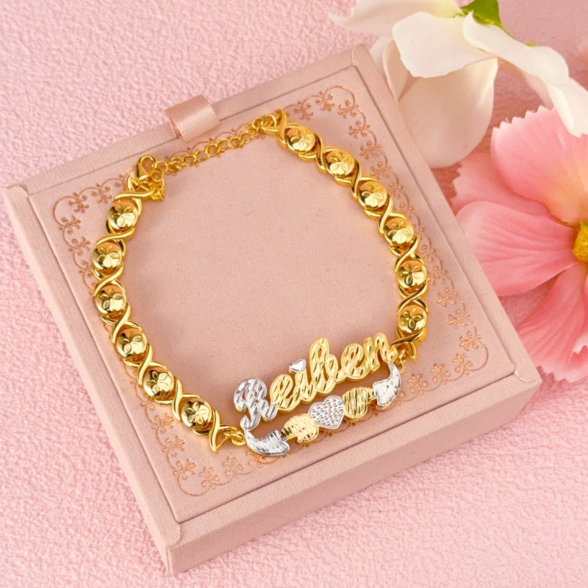 Double Layer Two Tone XOXO Chain with Heart Personalized Custom Gold Plated Name Bracelet