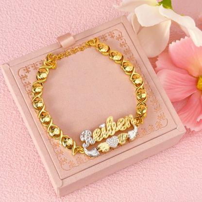 Double Layer Two Tone XOXO Chain with Heart Personalized Custom Gold Plated Name Bracelet