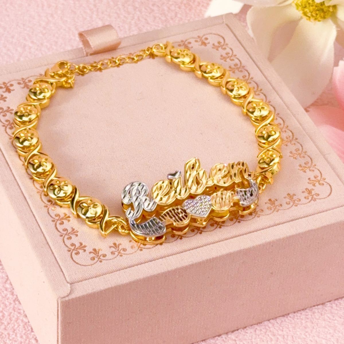 Double Layer Two Tone XOXO Chain with Heart Personalized Custom Gold Plated Name Bracelet