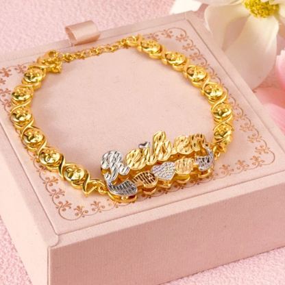 Double Layer Two Tone XOXO Chain with Heart Personalized Custom Gold Plated Name Bracelet
