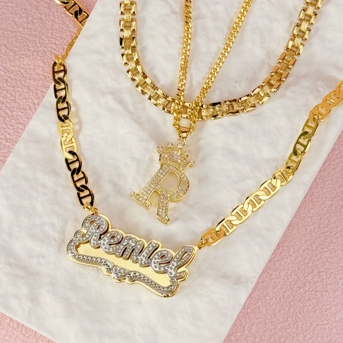 [Copy]Nugget Style Heart Pendant Necklace and Diamond Cut 3D Name Necklace Set