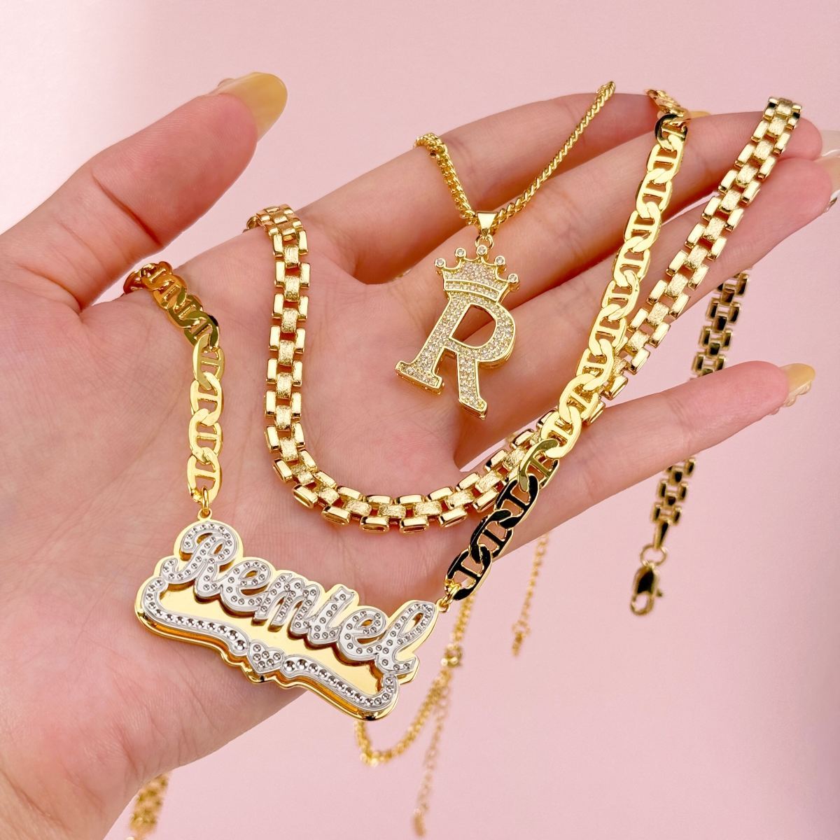 [Copy]Nugget Style Heart Pendant Necklace and Diamond Cut 3D Name Necklace Set