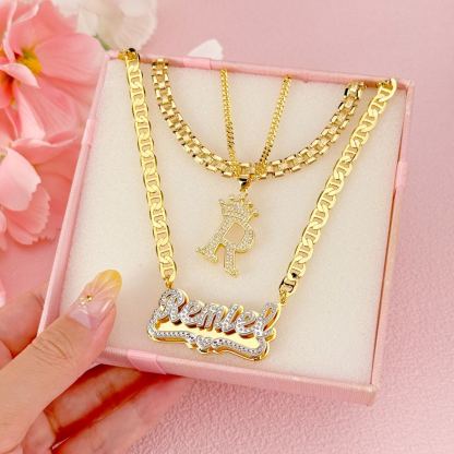 [Copy]Nugget Style Heart Pendant Necklace and Diamond Cut 3D Name Necklace Set