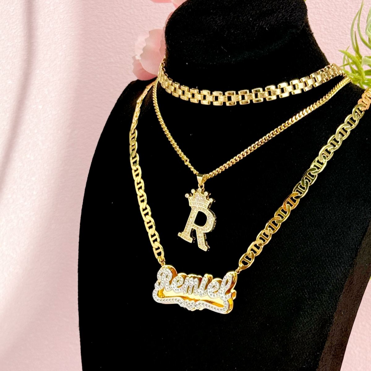 [Copy]Nugget Style Heart Pendant Necklace and Diamond Cut 3D Name Necklace Set