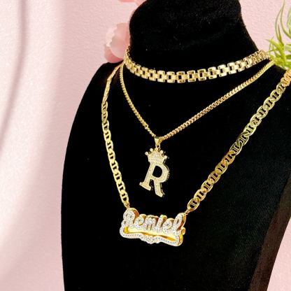 [Copy]Nugget Style Heart Pendant Necklace and Diamond Cut 3D Name Necklace Set