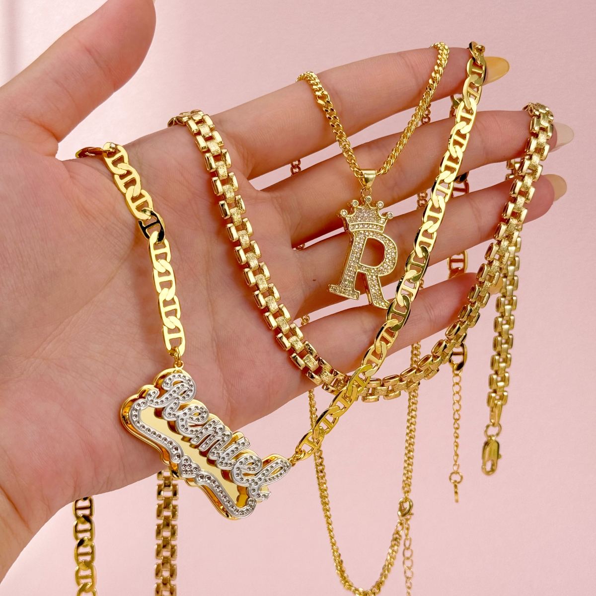 [Copy]Nugget Style Heart Pendant Necklace and Diamond Cut 3D Name Necklace Set