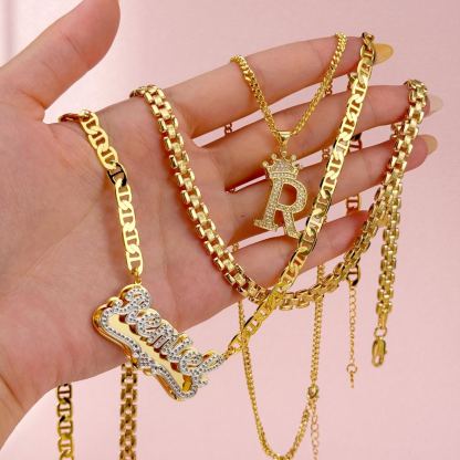 [Copy]Nugget Style Heart Pendant Necklace and Diamond Cut 3D Name Necklace Set