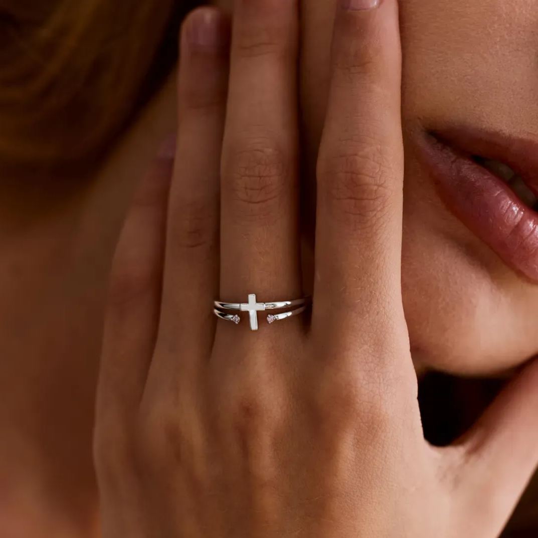 Personalized Two Birthstones Cross Ring Gold Plated