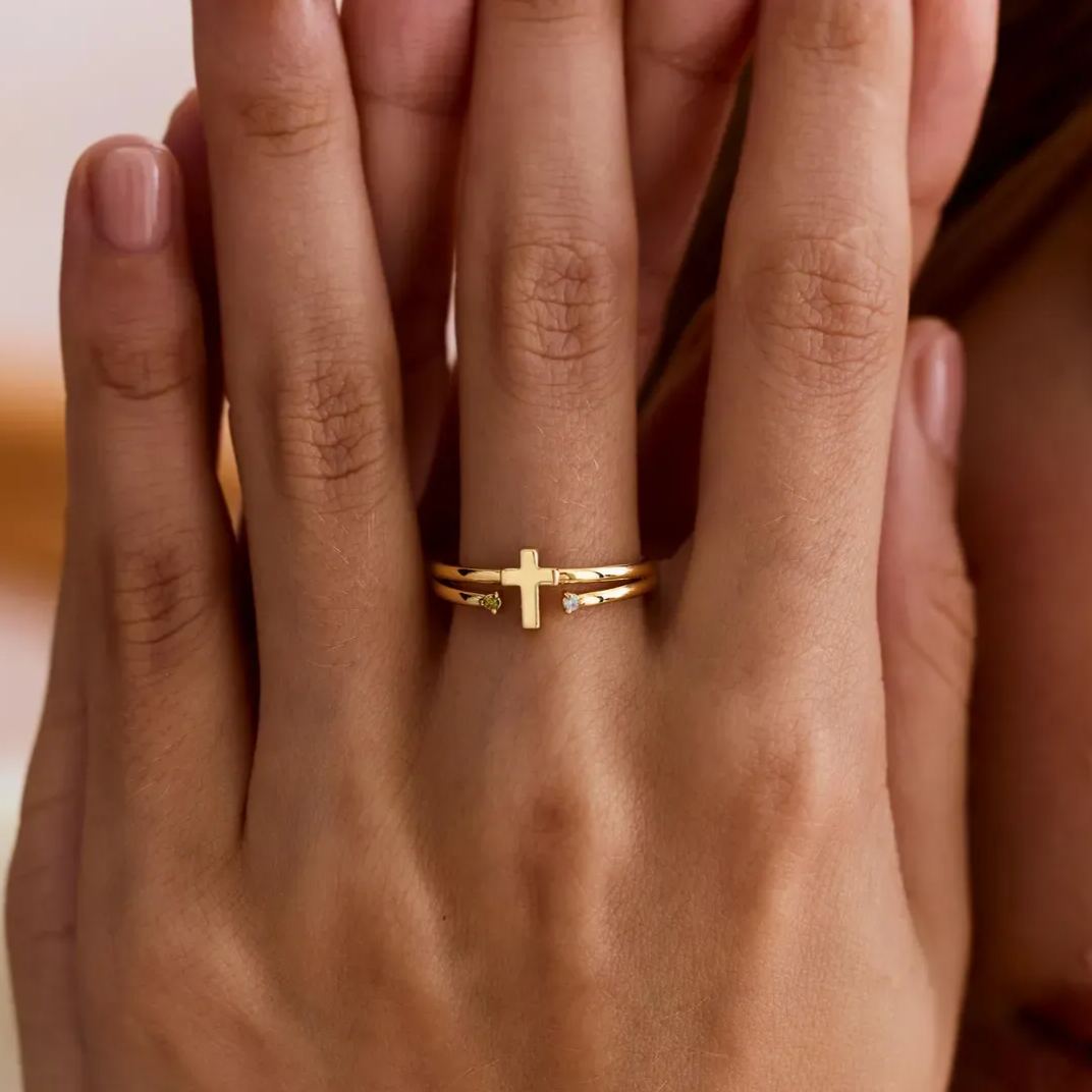 Personalized Two Birthstones Cross Ring Gold Plated