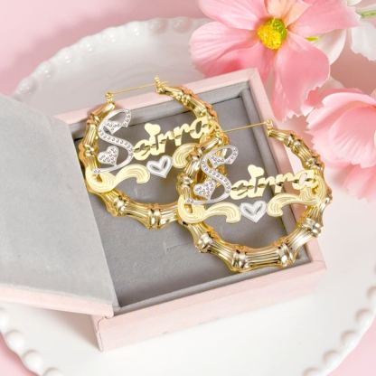 Custom Two Tone Nameplate with Hearts Bamboo Earrings