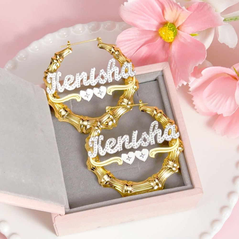 Personalized Two Tone Heart Name Bamboo Earrings
