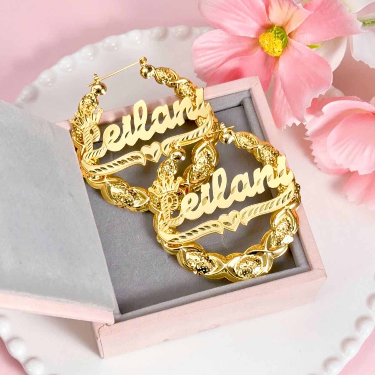 XOXO Bamboo Earrings with Crown Heart Personalized Custom Gold Plated Name Earrings