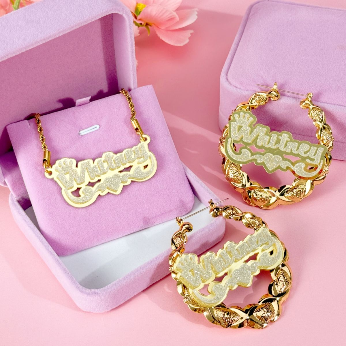 Acrylic Nameplate with Crown and Heart Personalized Set Name Necklace and XOXO Bamboo Name Earrings