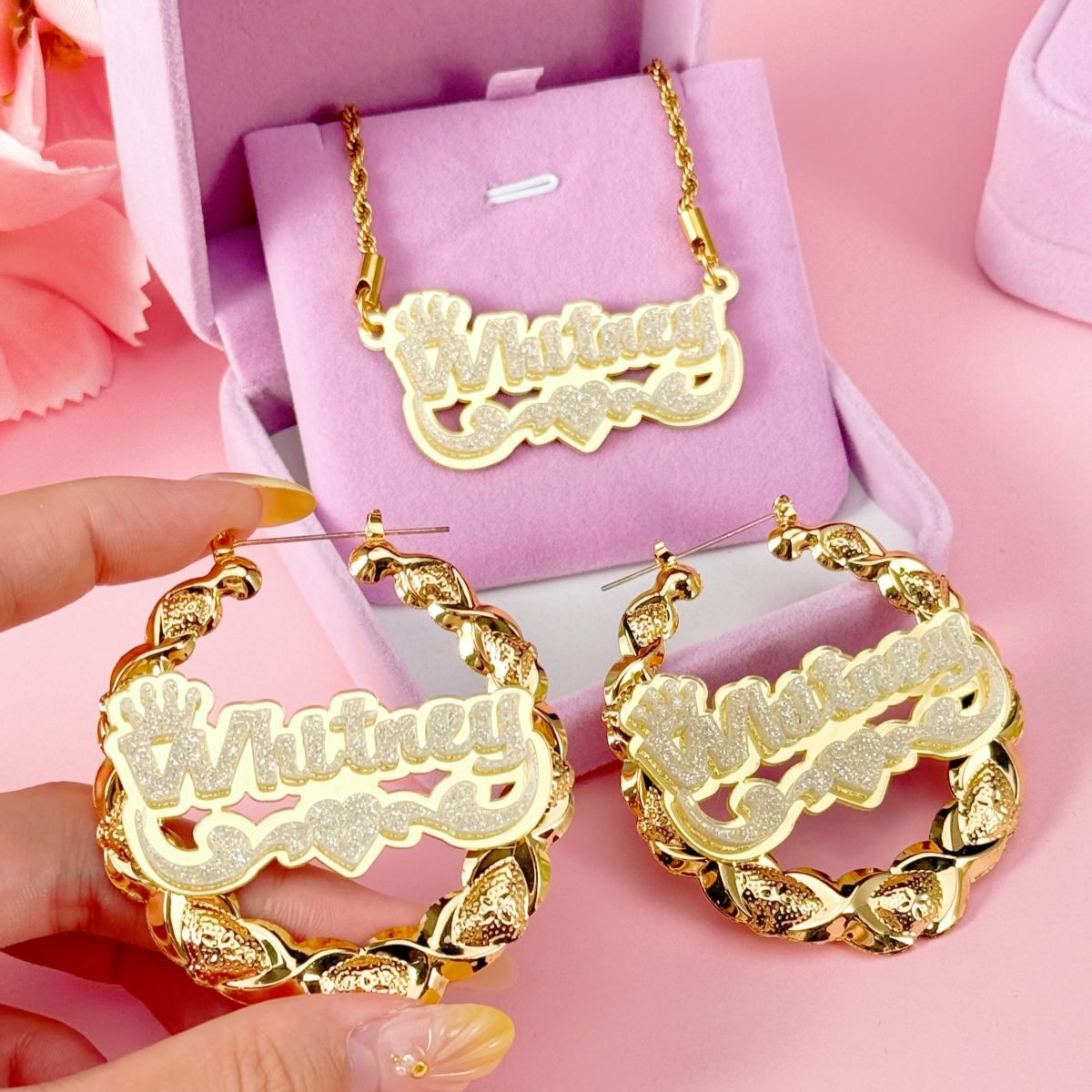 Acrylic Nameplate with Crown and Heart Personalized Set Name Necklace and XOXO Bamboo Name Earrings