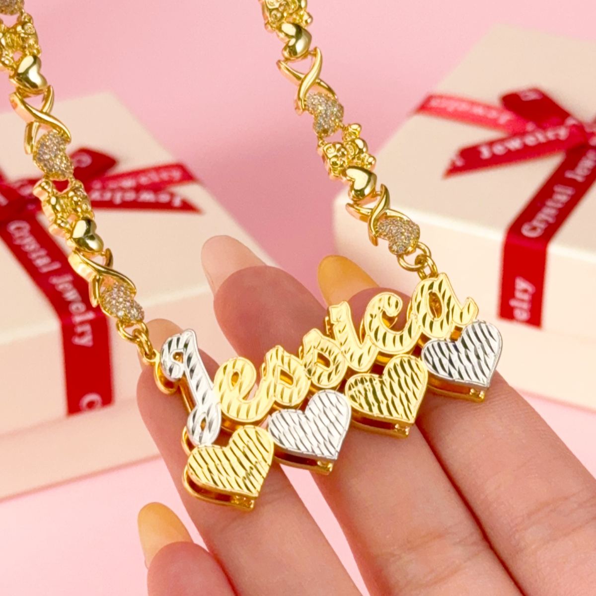 Teddy Bear and Heart XOXO Chain Double Layer Two Tone Four Hearts Personalized Custom Name Necklace