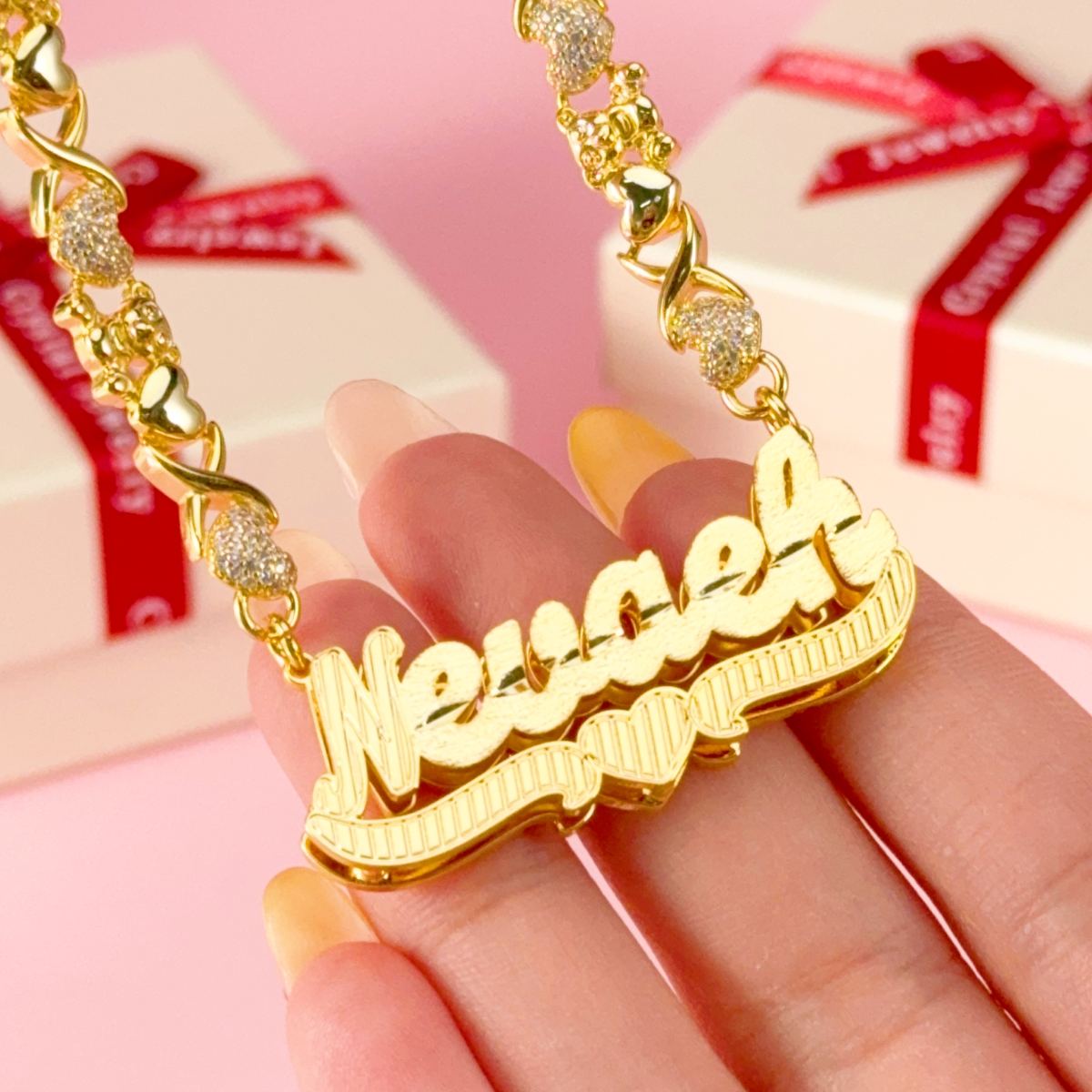 Teddy XOXO Chain Double Layer Heart Personalized Name Necklace