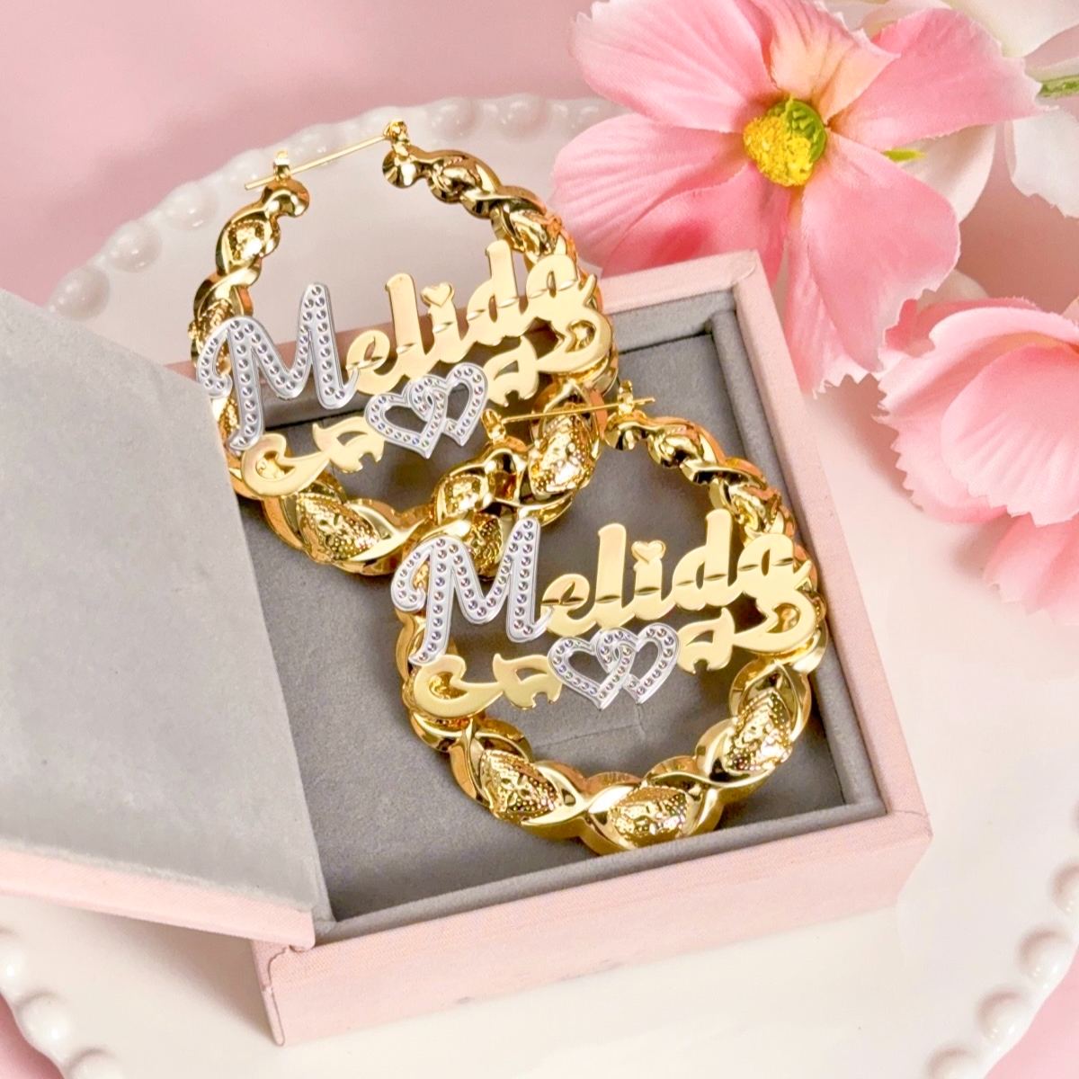 Personalized Custom Two Tone Two Heart Nameplate XOXO Bamboo Earrings Woman Gifts