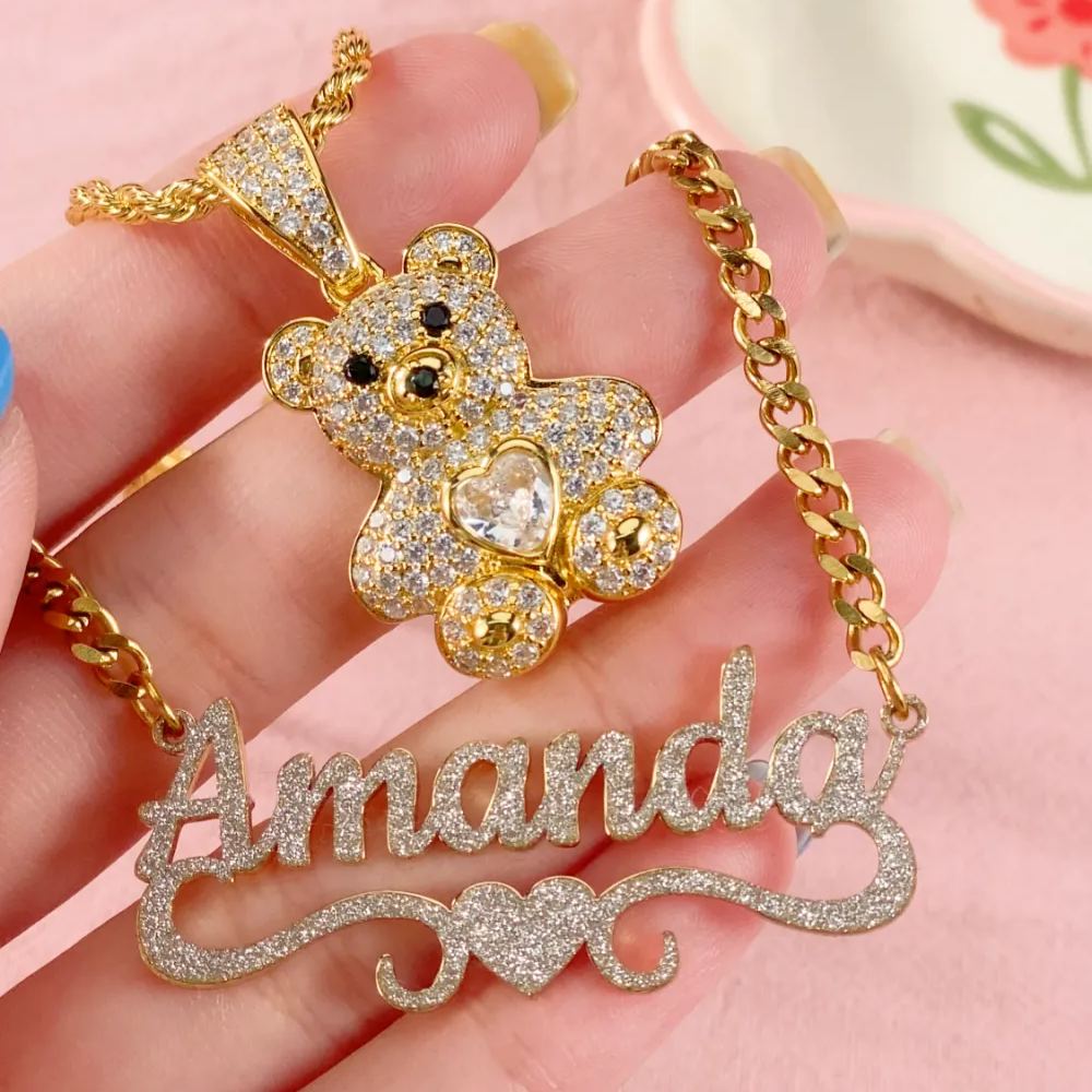Personalized Shiny Heart Nameplate and Birthstone Teddy Pendant Necklace Set
