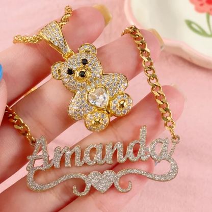 Personalized Shiny Heart Nameplate and Birthstone Teddy Pendant Necklace Set