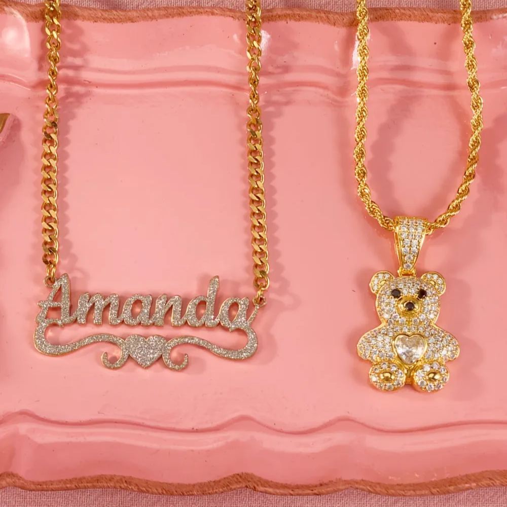 Personalized Shiny Heart Nameplate and Birthstone Teddy Pendant Necklace Set