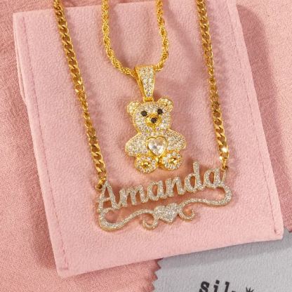 Personalized Shiny Heart Nameplate and Birthstone Teddy Pendant Necklace Set