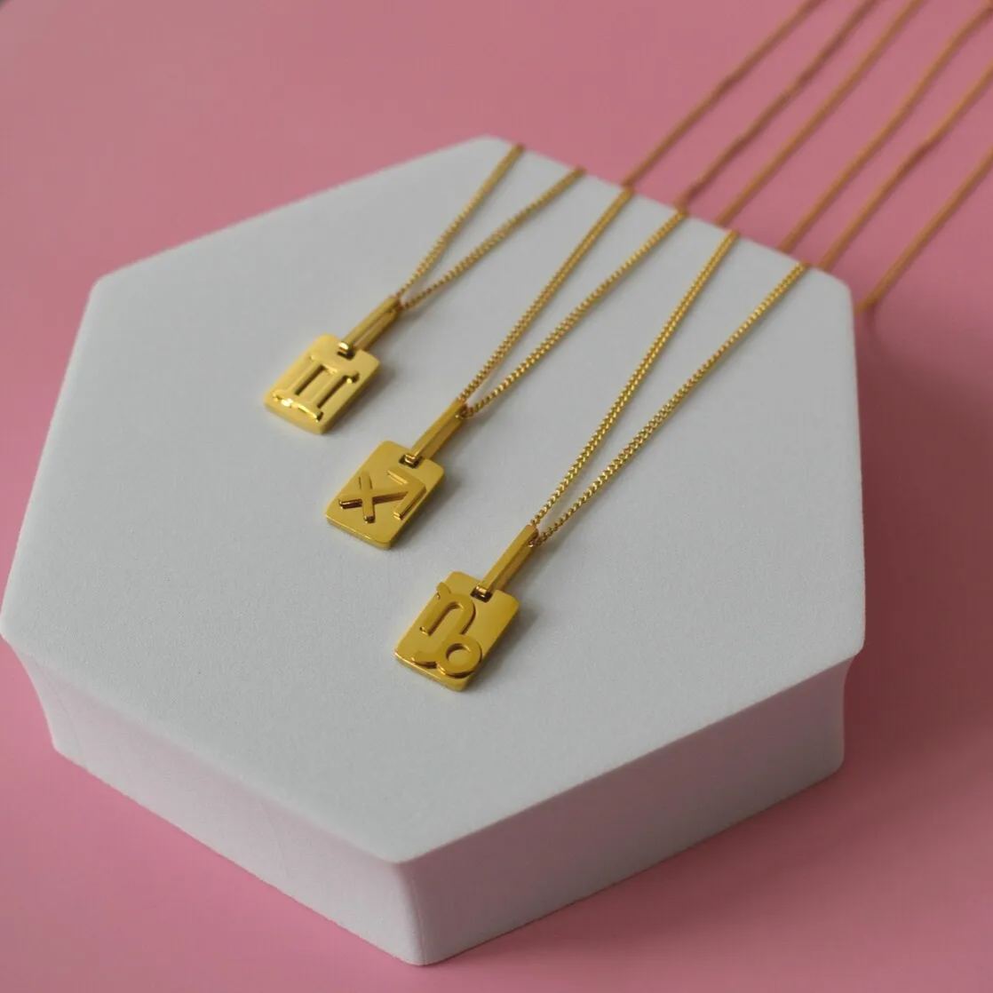 Gold Plated 12 Horoscope Sign Rectangle Pendant