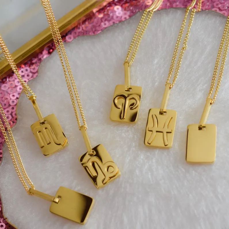 Gold Plated 12 Horoscope Sign Rectangle Pendant