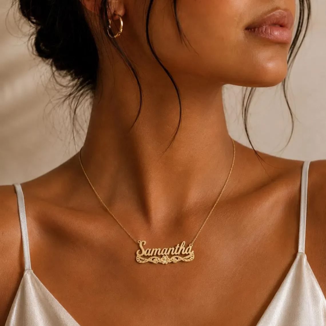 Custom Diamond Cut Flower Nameplate Necklace