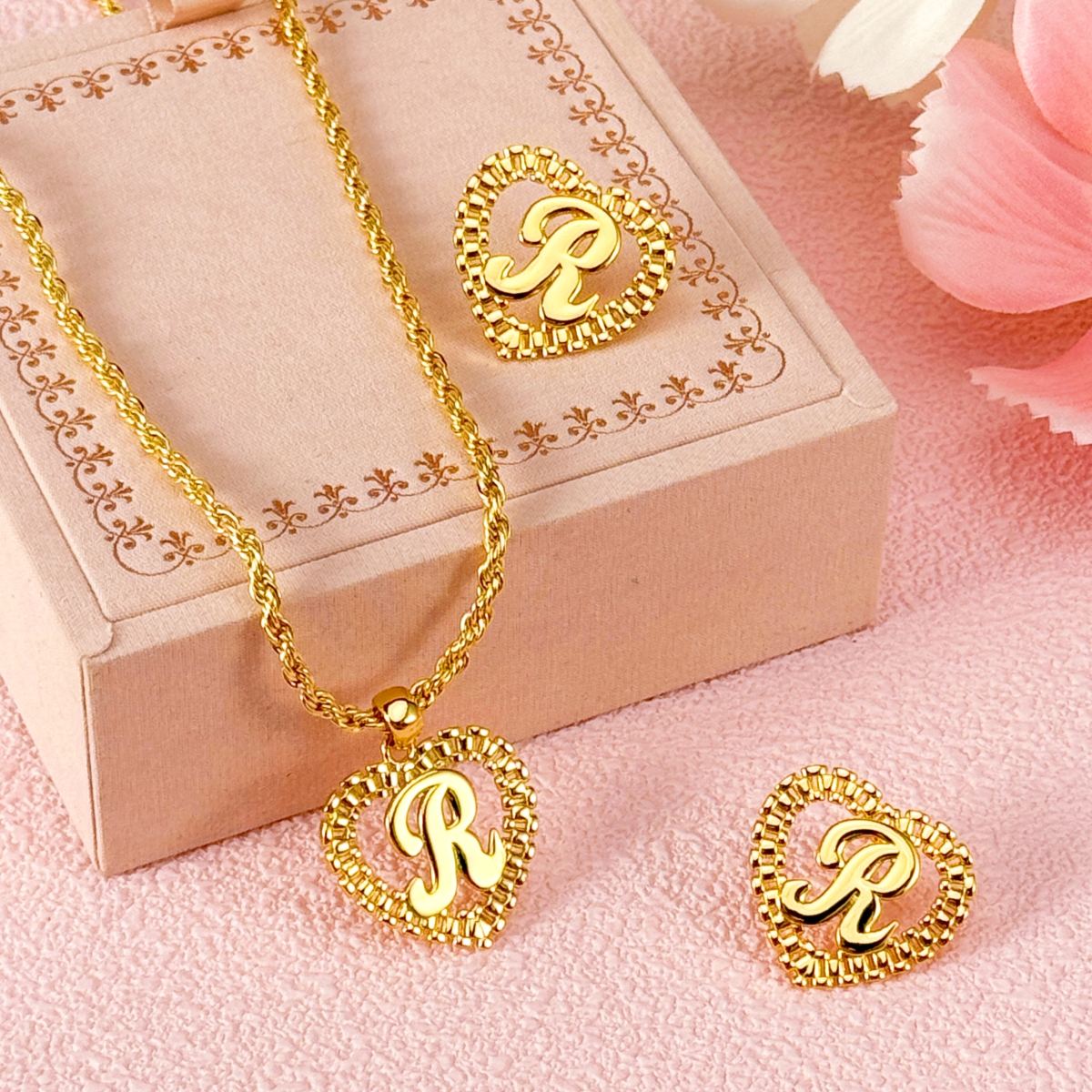 RX Style Chain Initial Pendant Personalized Initial Necklace Ring And Stud Earrings RX Jewelry Set