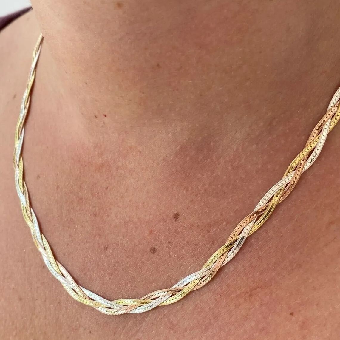 Tri-Color Herringbone Necklace Snake Chain 16 inch