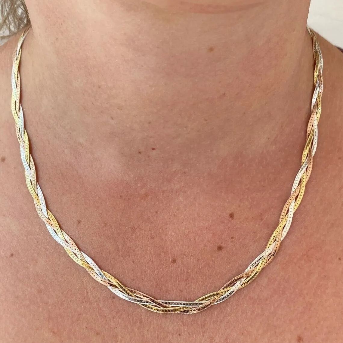Tri-Color Herringbone Necklace Snake Chain 16 inch