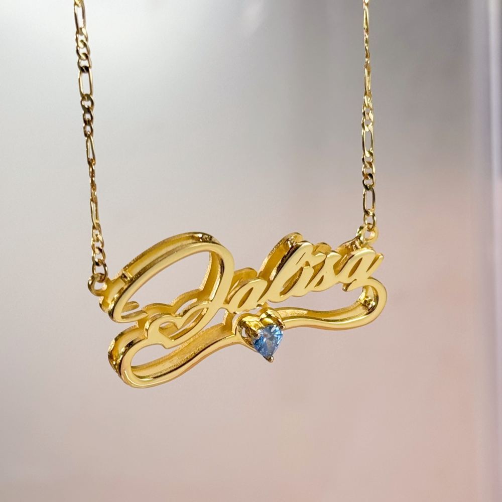 Personalized Double Layer Heart Birthstone Name Necklace