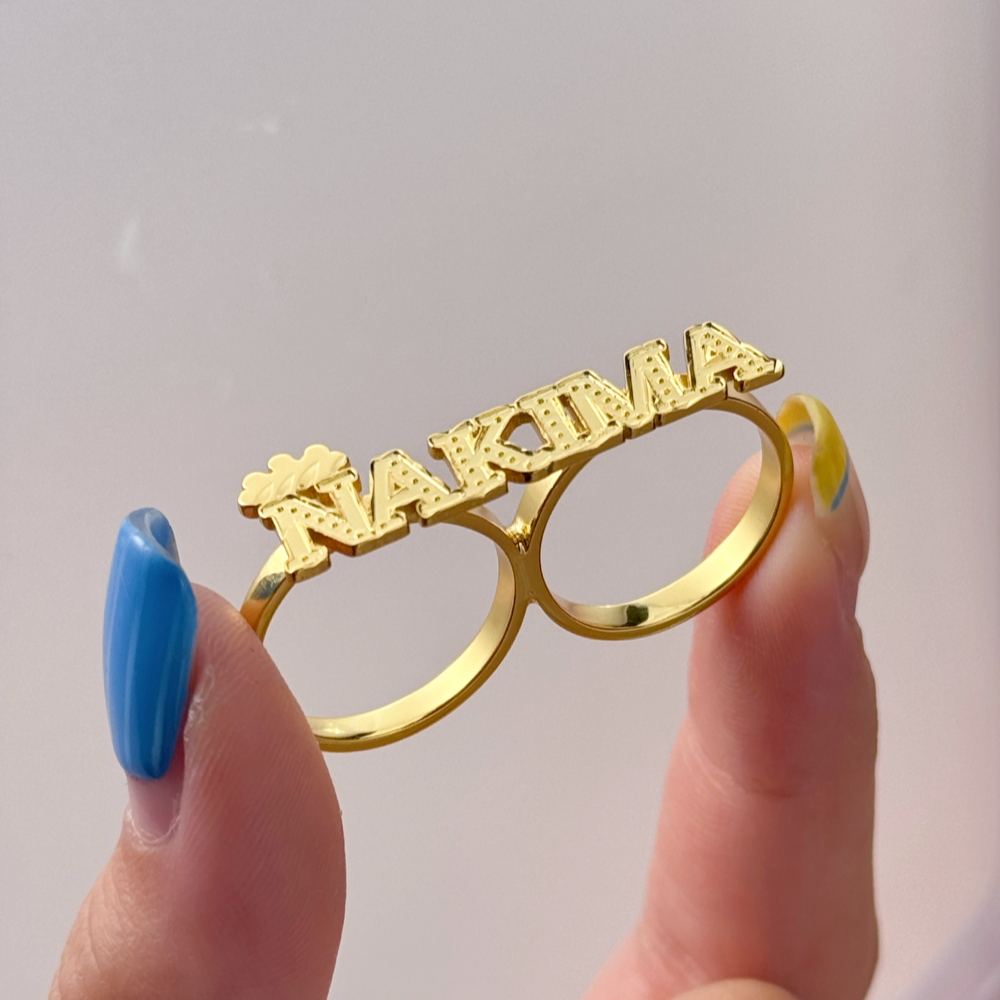 Two Finger Ring Custom Gold Plated Crown Name Ring
