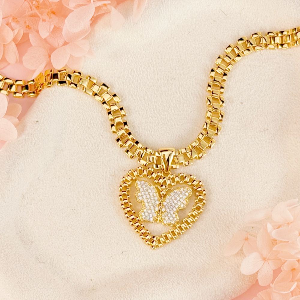 Heart Pendant With Butterfly Rx Watch Band Chain Necklace