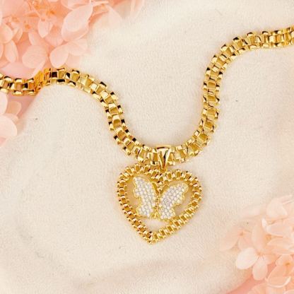 Heart Pendant With Butterfly Rx Watch Band Chain Necklace