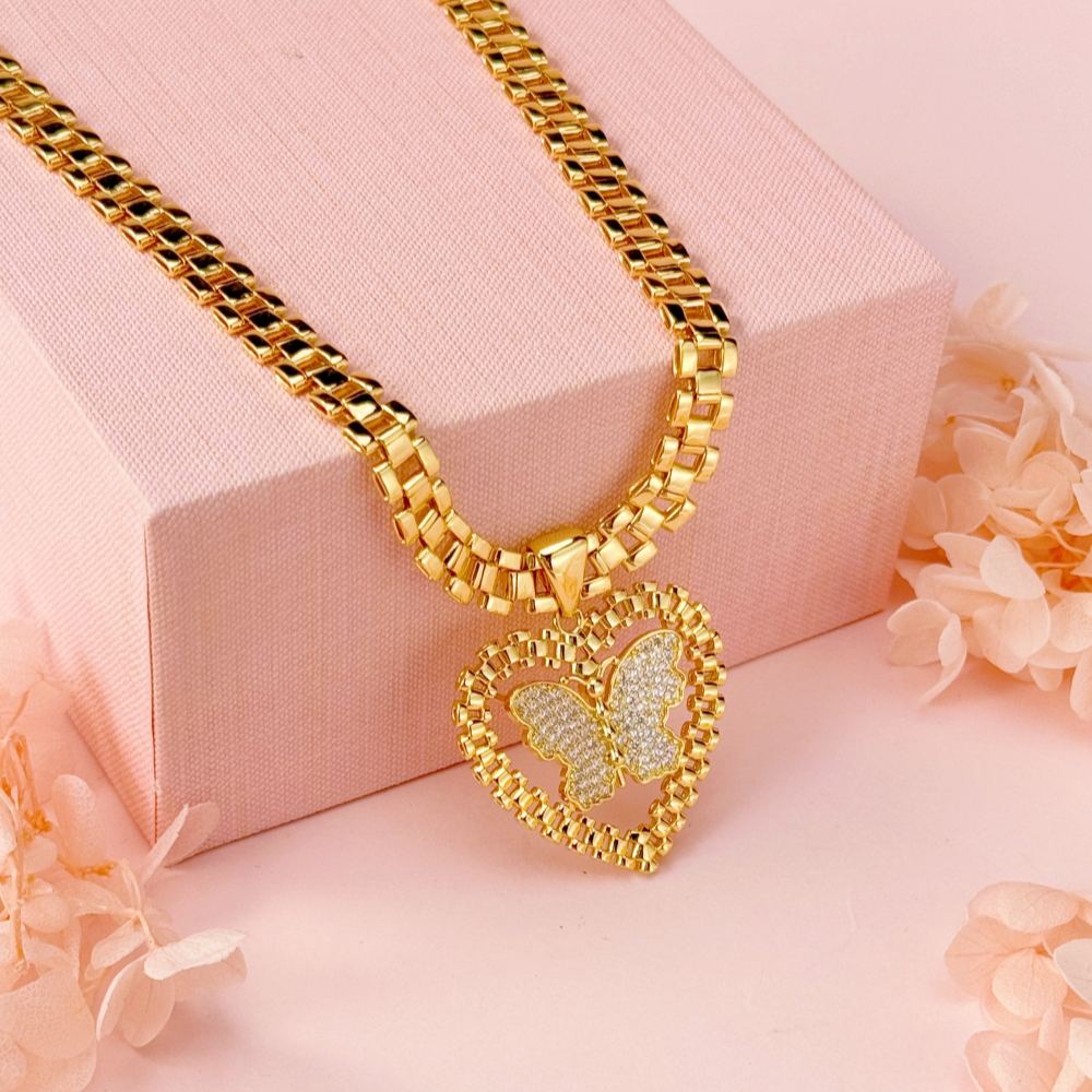Heart Pendant With Butterfly Rx Watch Band Chain Necklace