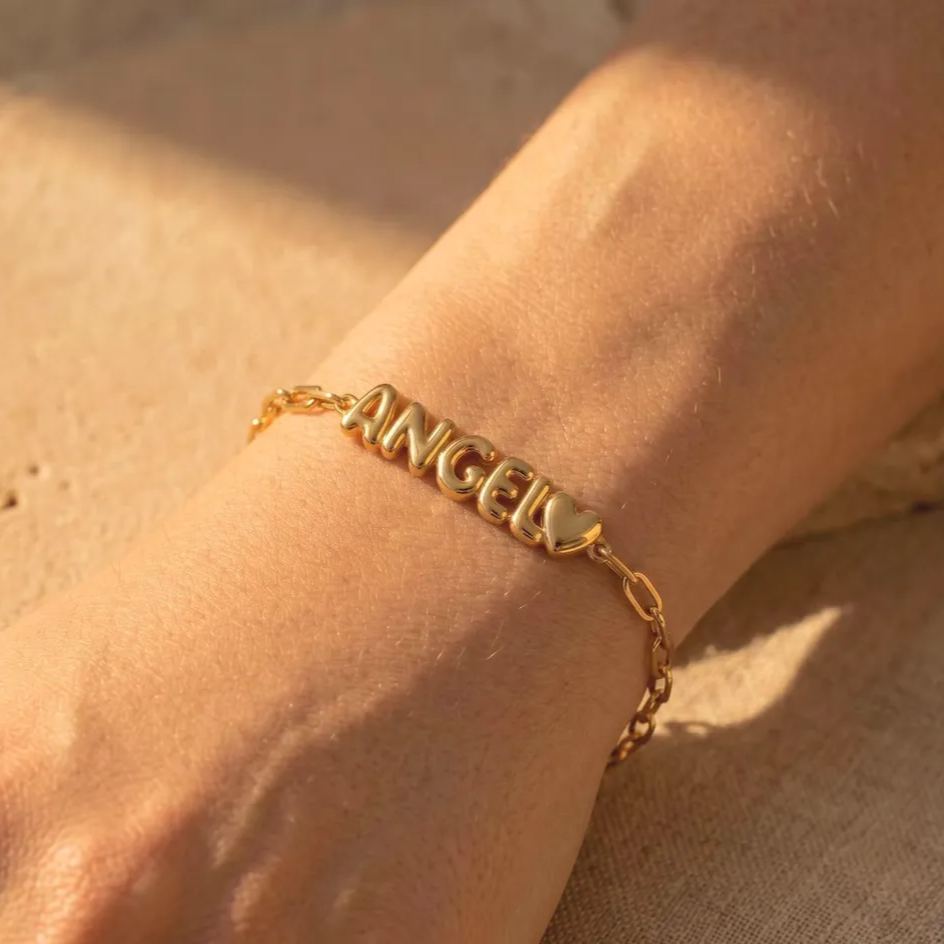 Custom Bubble Letter Puff Link Chain Heart Charm Name Bracelet