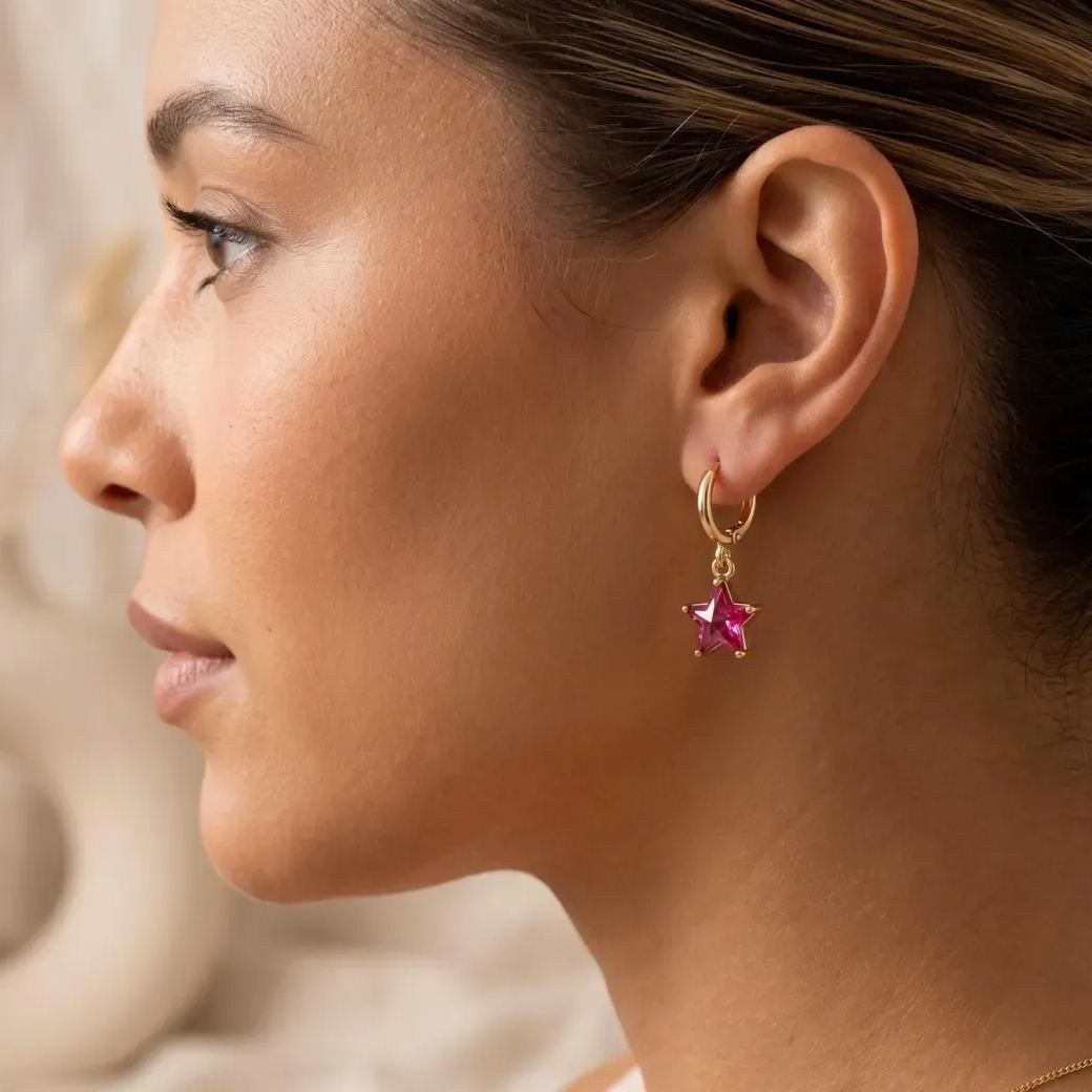 Personalized Birthstone Star Huggie Hoop Earrings