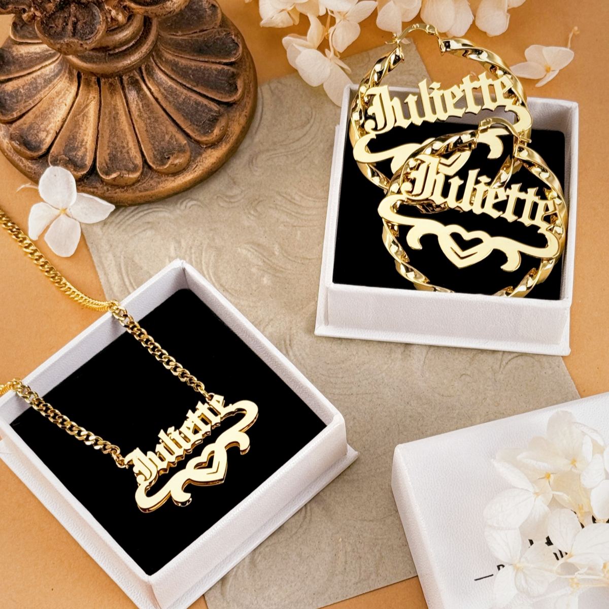 Custom Old English Heart Name Necklace Earrings Jewelry Set