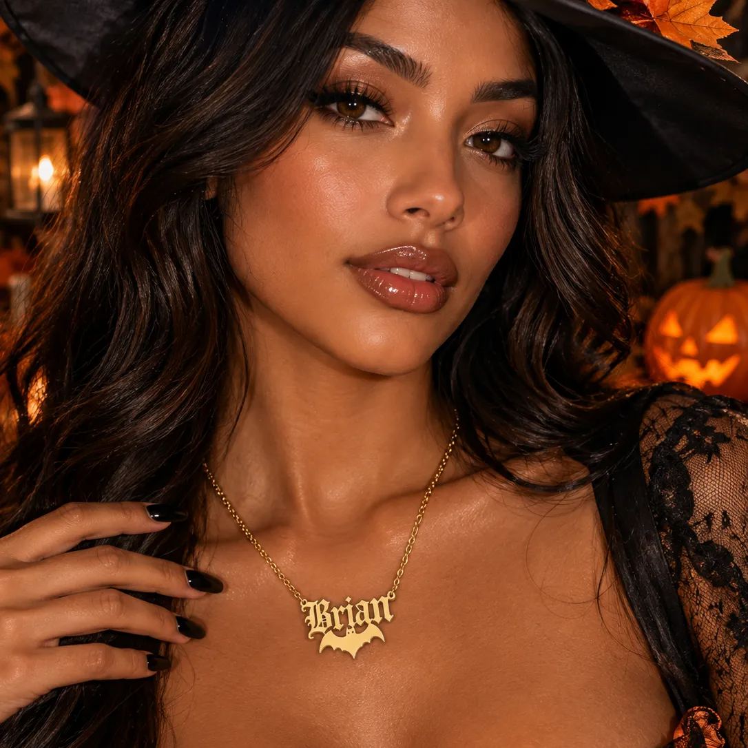 Halloween Gift Bat Old English Name Necklace Gold Plated