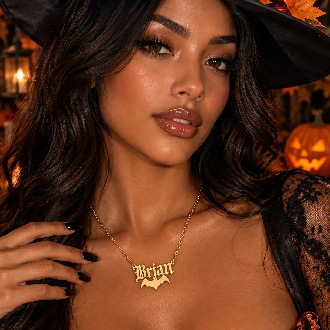 Halloween Gift Bat Old English Name Necklace Gold Plated