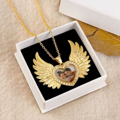 Heart Zircon Angel Wings Pendant Photo Necklace