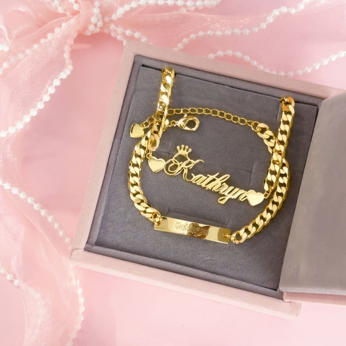 Crown and Double Heart Personalized Name Necklace and Baby Bracelets Set